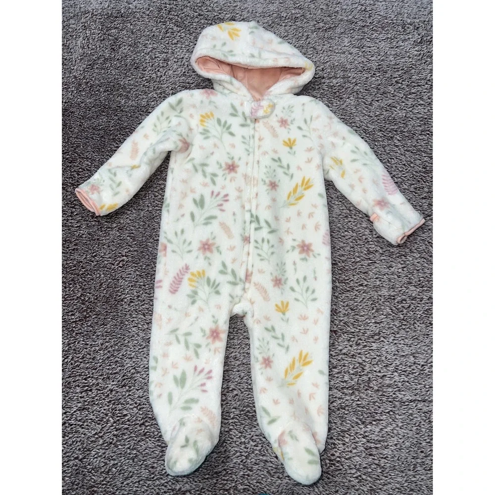 Le Top Bebe Baby 6-9M Floral Fleece Hooded Footed Bunting Snowsuit Mittens